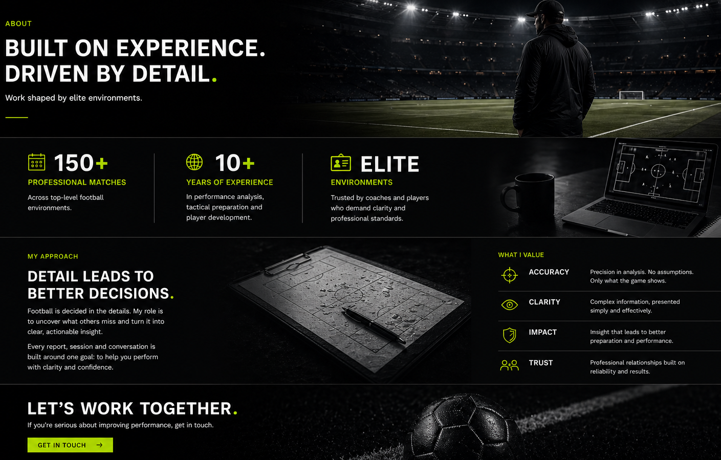 Website homepage for a football performance analysis company, featuring a man on a football field, a laptop with a tactical diagram, a sports strategy board, and a soccer ball. Sections highlight experience, environment, and values.