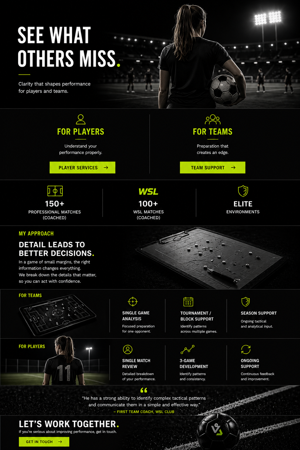 A football analysis service providing clear, detailed insights for players and teams. Focused on opposition analysis, tactical preparation and player development to improve performance.