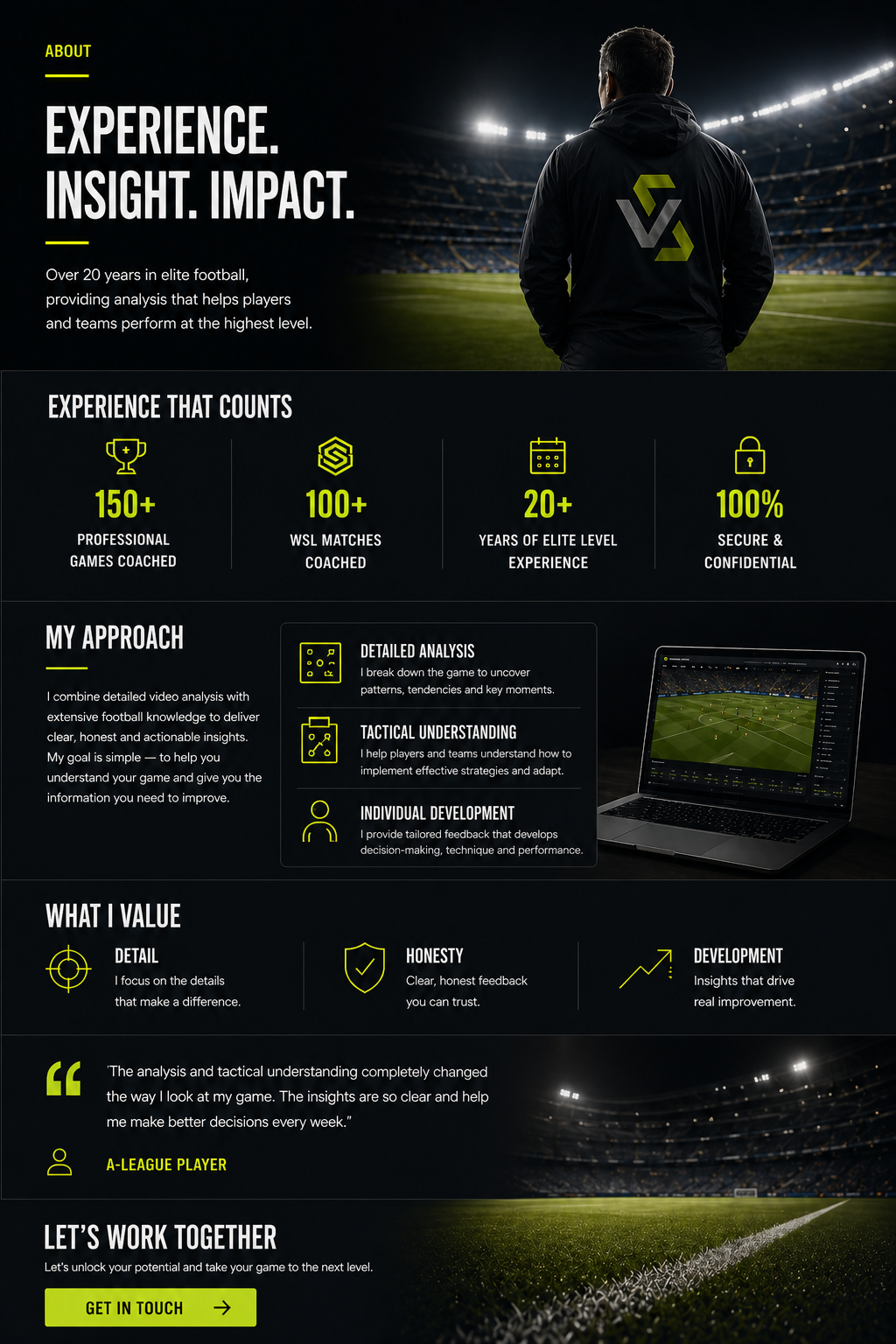Football analyst with over 20 years experience and 150+ professional matches coached, specialising in tactical analysis, player development and performance environments.
