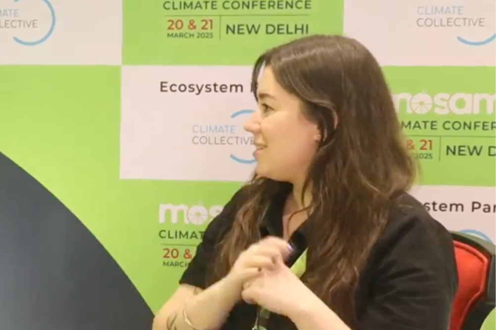 A woman with long brown hair, wearing a black shirt, sitting at a conference table with a green and white conference background behind her. The background displays the words 'Climate Conference,' 'New Delhi,' and the dates '20 & 21 March 2025.'