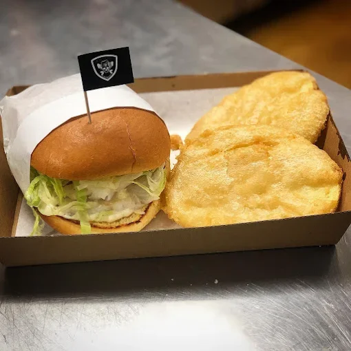 fish burger and potato scallops.webp