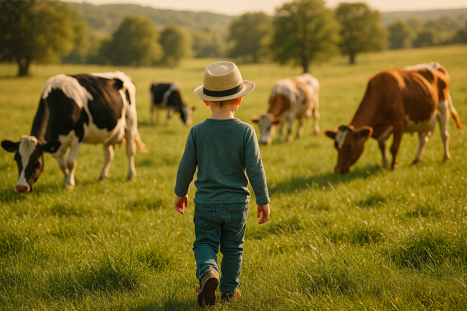 Un bambino con cappello che cammina verso mucche in un campo verde con alberi e colline sullo sfondo