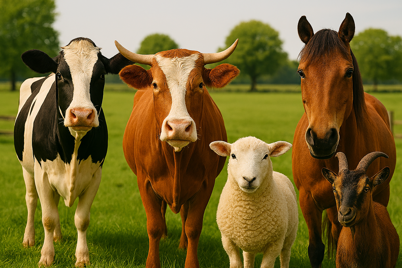 Cinque animali da fattoria in un prato verdi: una mucca dal colore bianco e nero, una mucca dal colore marrone con corna, una pecora bianca, un cavallo marrone e un capricorso marrone con corna.