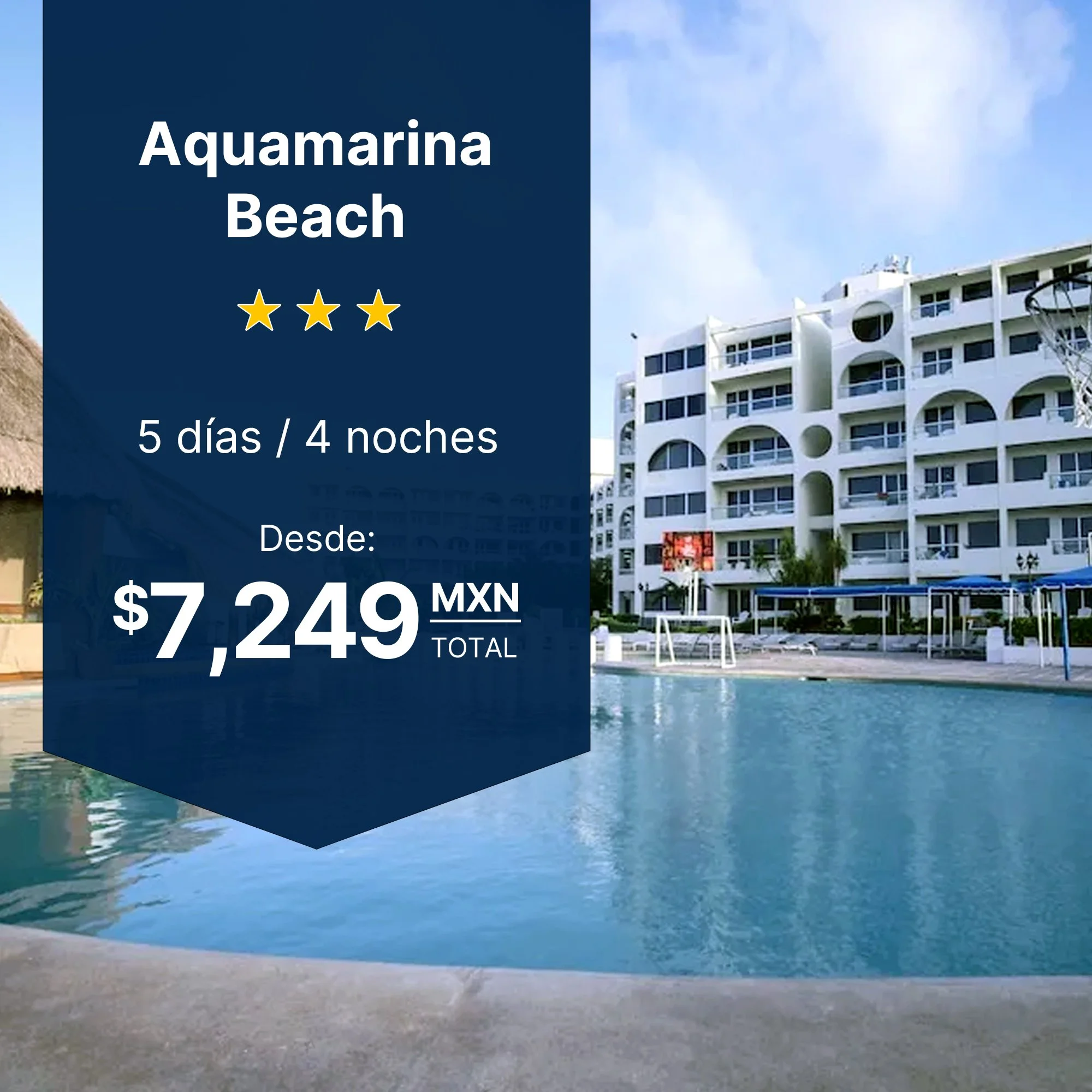Aquamarina Beach Cancún plan parejas habitación estándar Zona Hotelera km 4.5 traslado incluido 4 noches desde $7,249