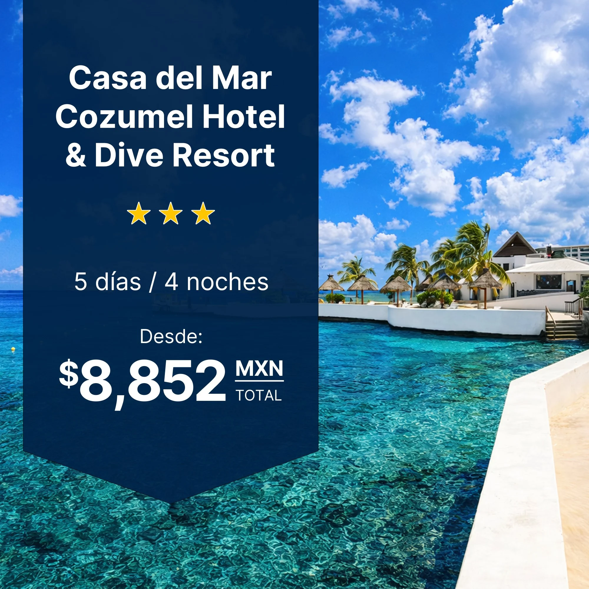 Casa del Mar Cozumel plan parejas habitación superior balcón terraza acceso club de playa 4 noches Caribe desde $8,852