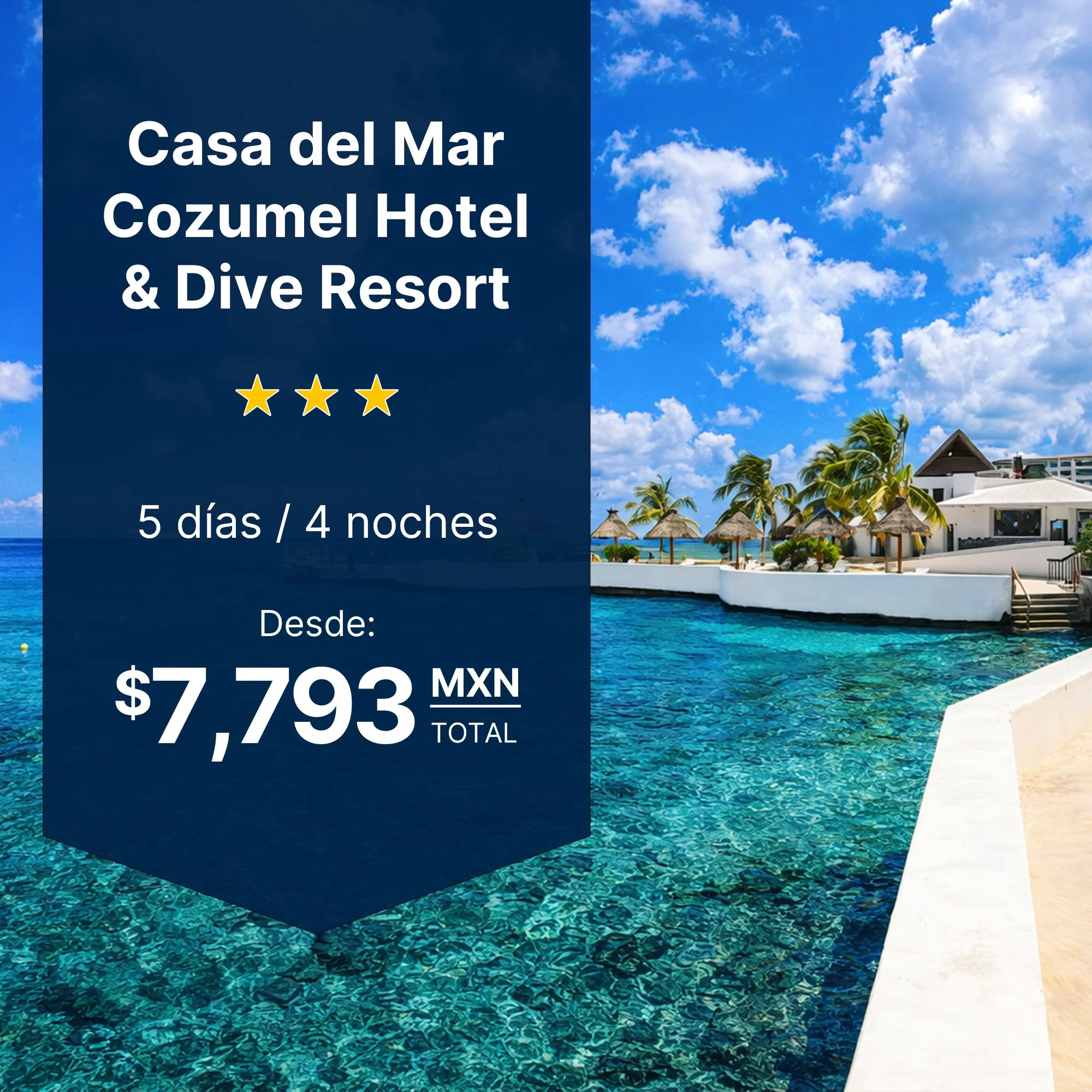 Casa del Mar Cozumel plan parejas habitación superior balcón terraza acceso club de playa 4 noches Caribe desde $7,793