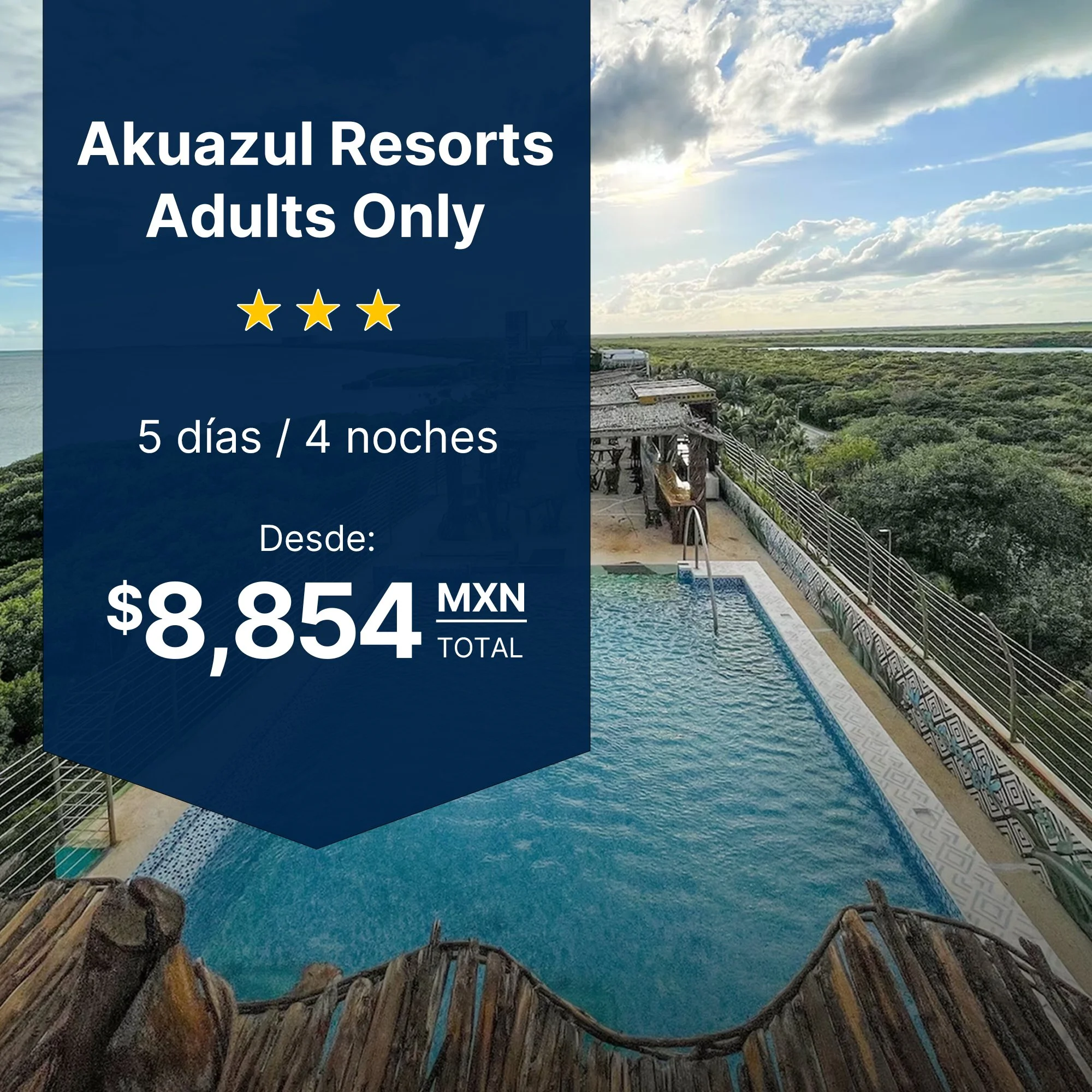 Akuazul Resorts Adults Only Cancún plan parejas habitación vista parcial al mar desayuno traslado 4 noches Zona Hotelera desde $8,854