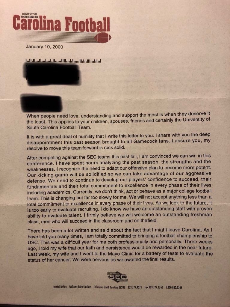 Letter on University of South Carolina Football Team letterhead dated January 10, 2000, discussing team performance, coaching, and personal challenges, including a health concern.