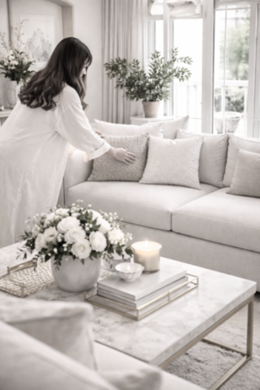 Une femme arrange des coussins sur un canapé blanc dans un salon lumineux avec des plantes et une table basse décorée de fleurs, bougies et livres, dans un style élégant et confortable.
