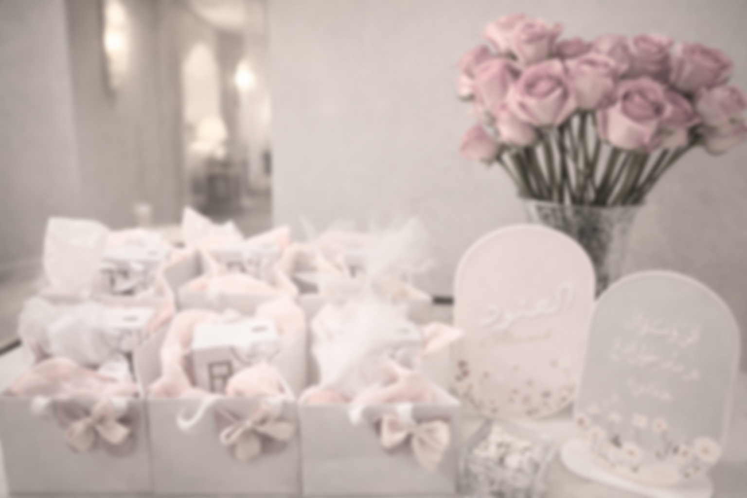 Bouquet de roses roses dans un vase, confiseries enveloppées dans du papier, décorations de reception bebe en rose et blanc.