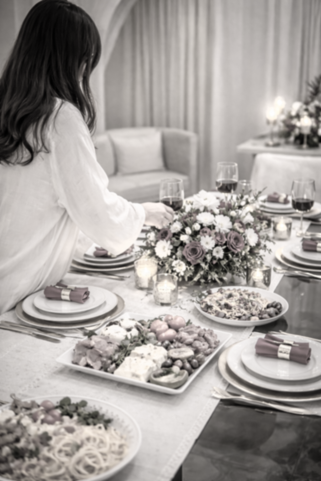 préparation d'une table de dîner en theme Italien avec des plats, des jus et des décorations florales