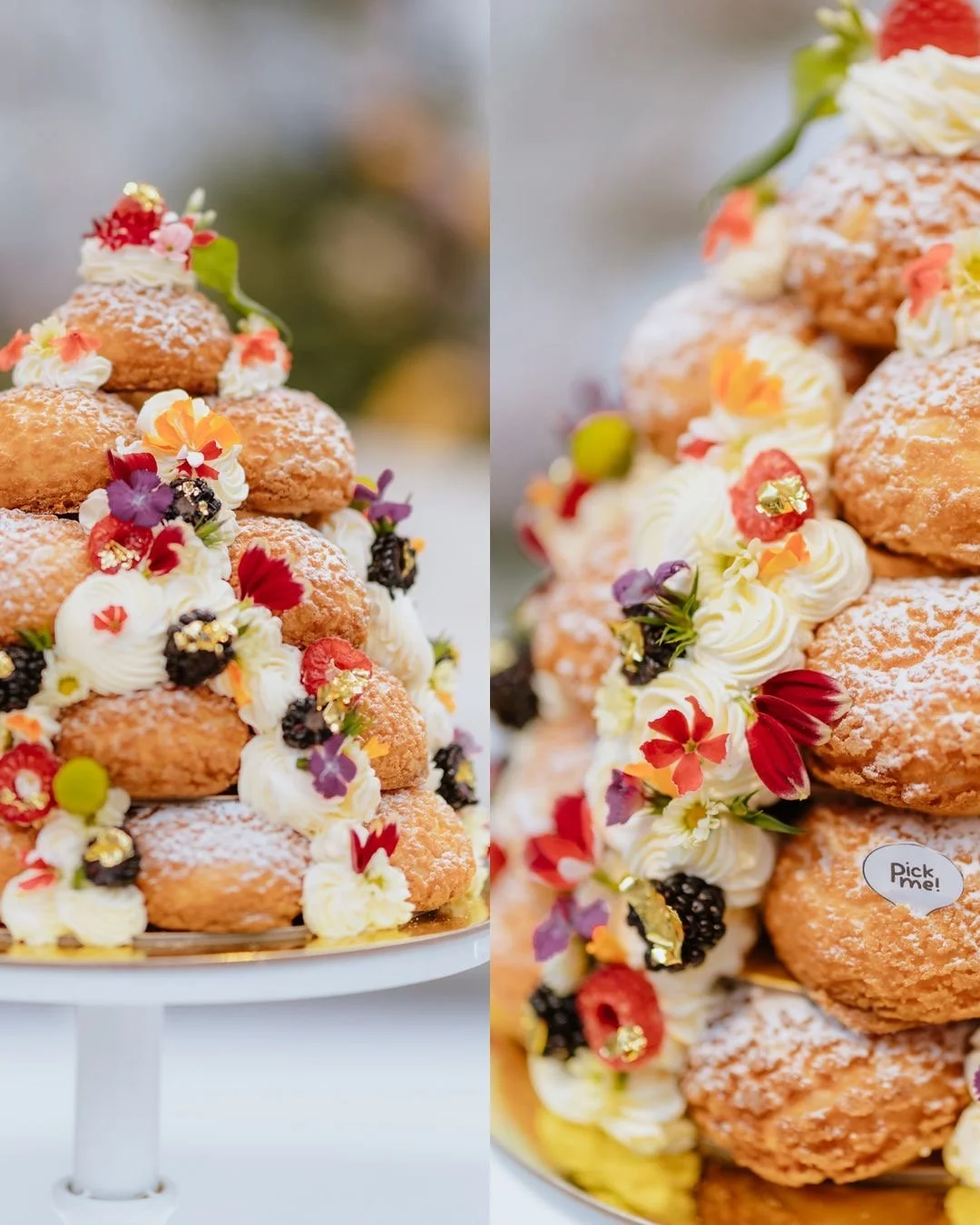 A tiered dessert tower made of cream puffs decorated with flowers, gold leaf, and powdered sugar.