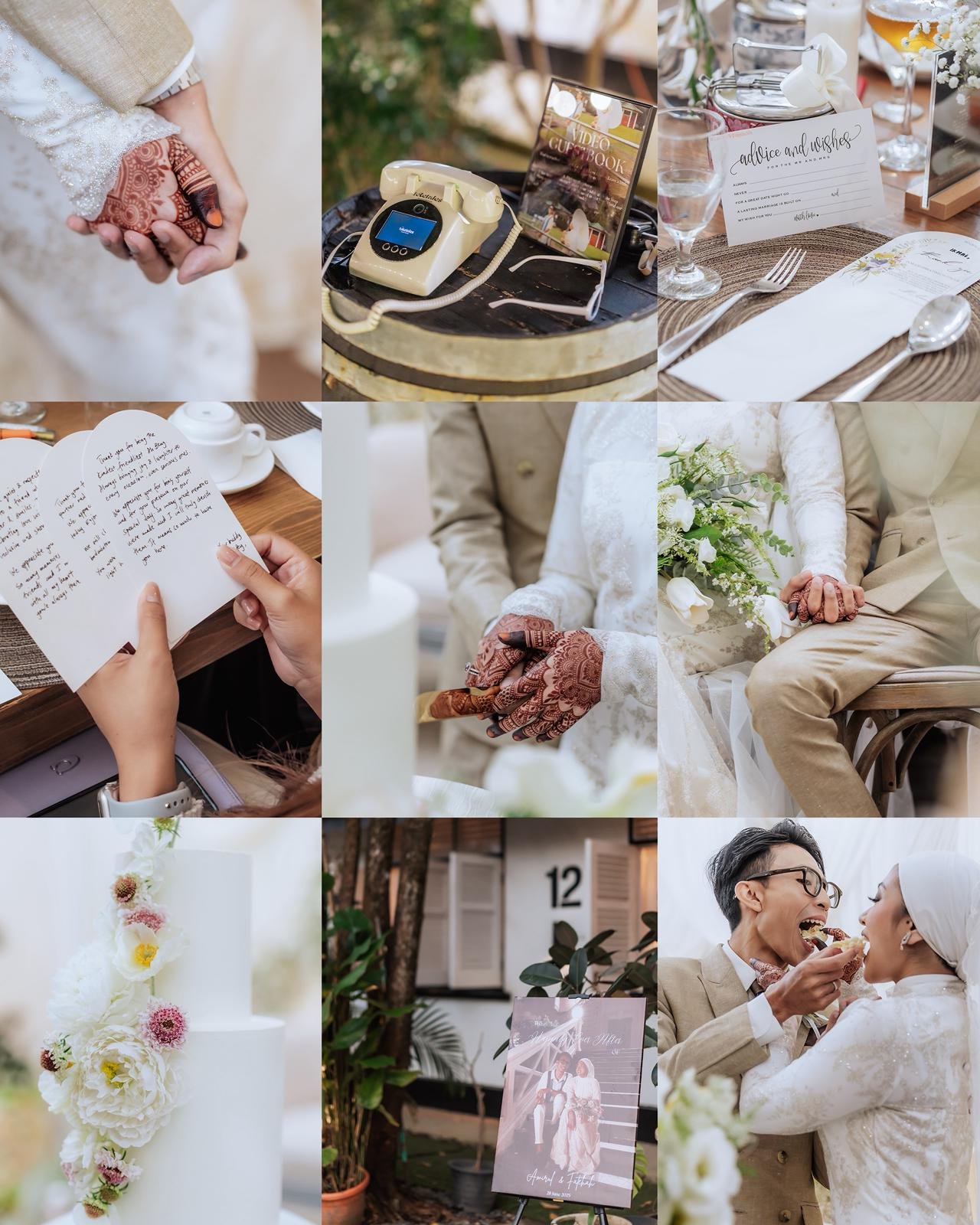 A collage of nine images related to a wedding, including holding hands, a table with a vintage telephone, wedding details, a handwritten letter, wedding rings, a floral bouquet, a cake with flowers, a wedding sign, and a couple enjoying cake together