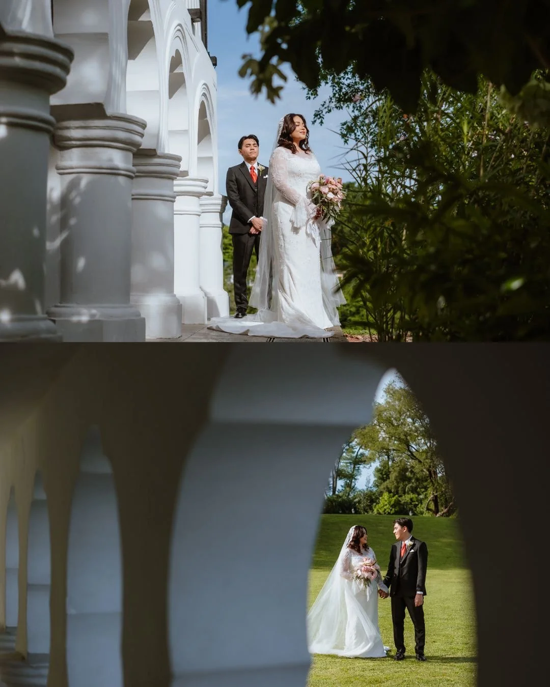 A bride and groom on their wedding day, seen through an architectural opening. The bride is in a white gown holding a bouquet of flowers, and the groom is in a black suit with a red tie. The setting is outdoors with greenery and a blue sky.