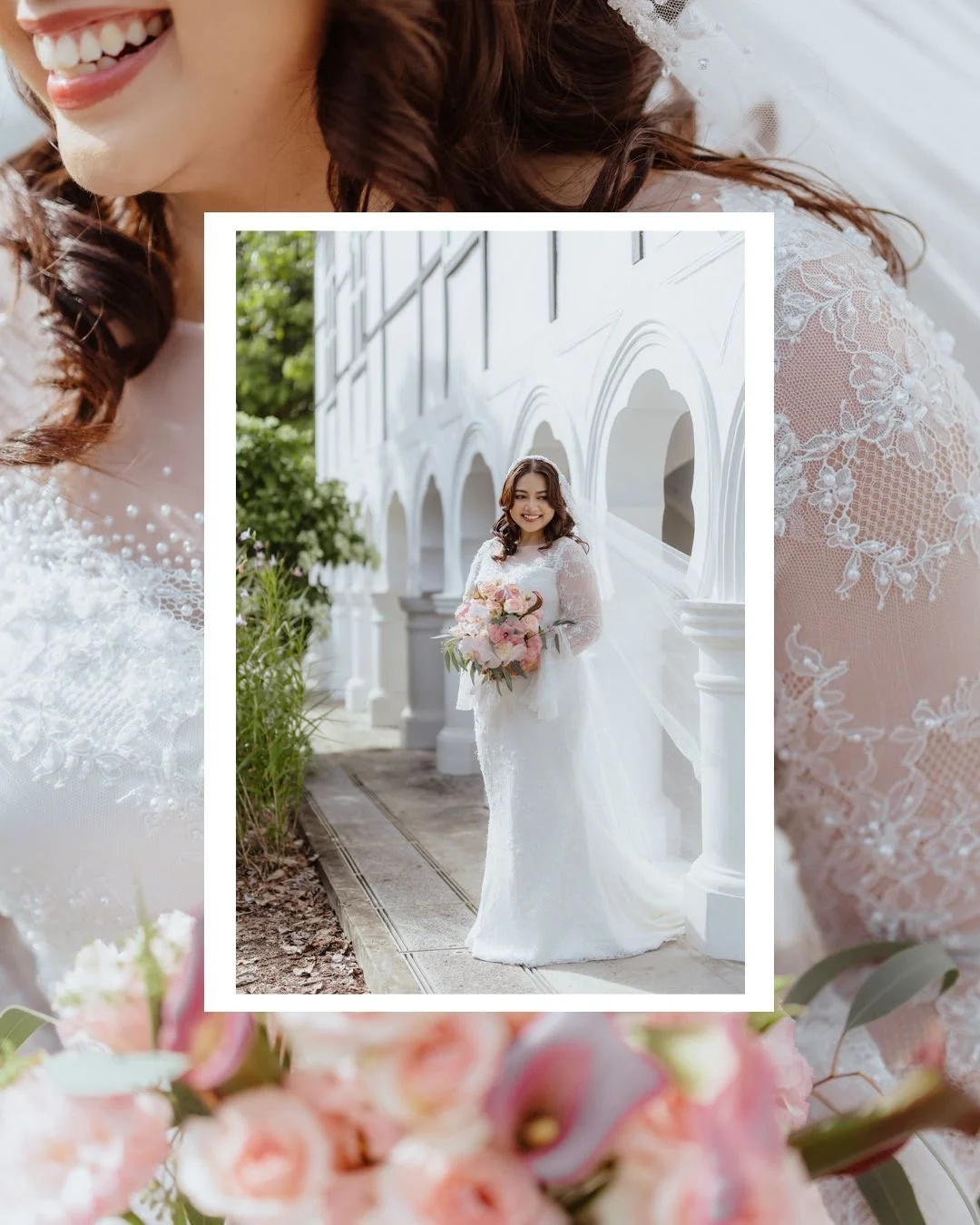 A woman in a wedding dress holding a bouquet of pink and white flowers, standing outdoors by a white building with arched windows.