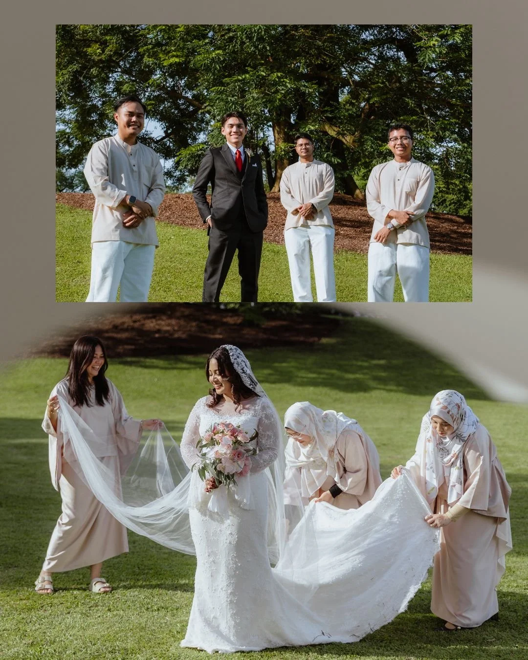 Group of people dressed in traditional and formal attire outdoors on a grassy area with trees in the background, likely during a wedding or cultural event.