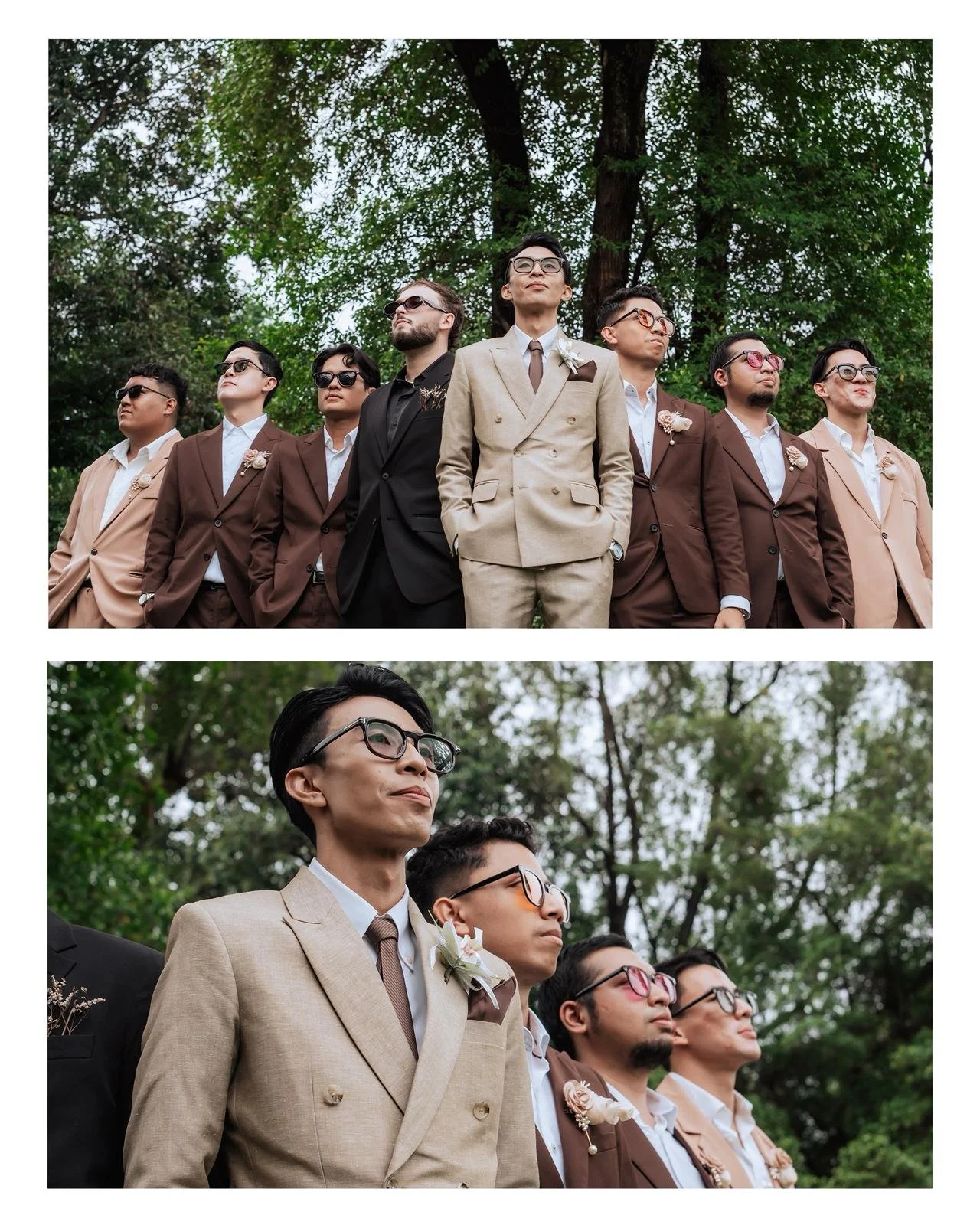 Group of men dressed in suits standing outdoors beneath trees, gazing upward, at a wedding or formal event.