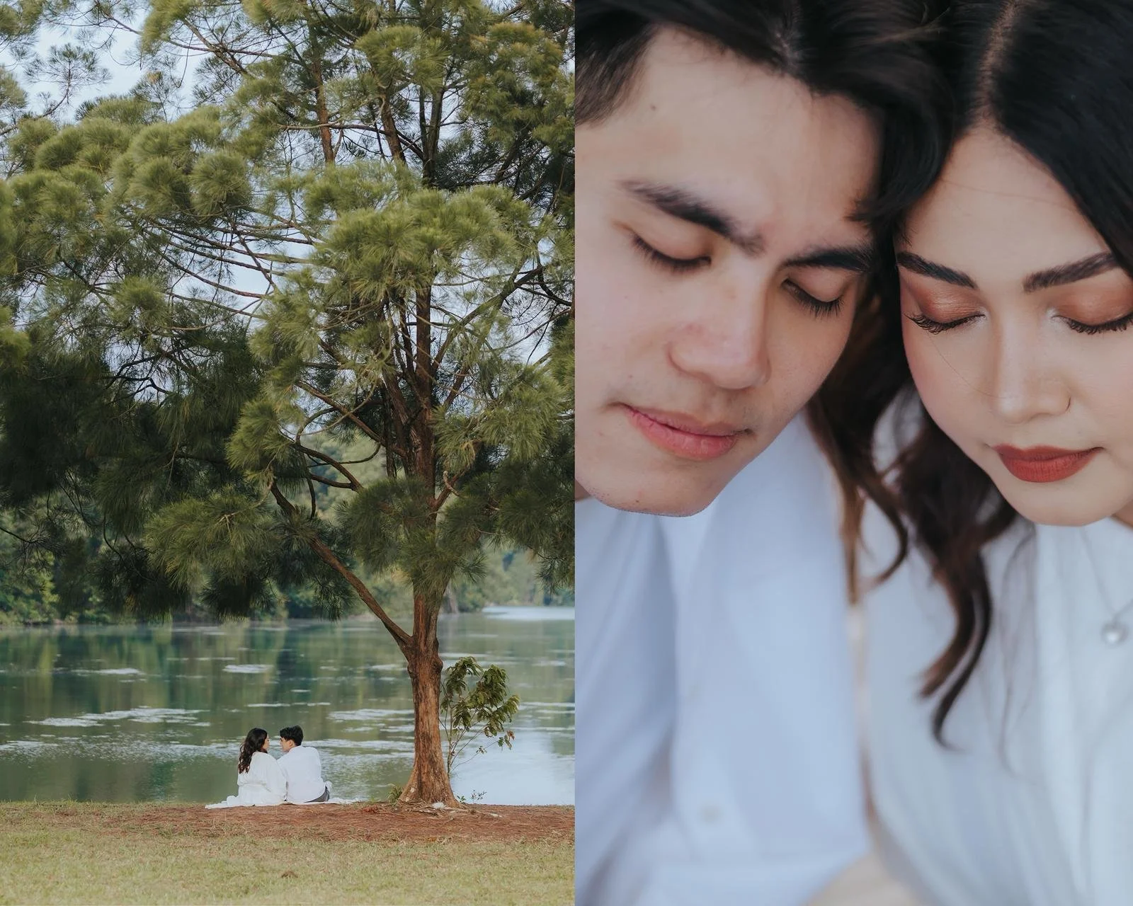 A couple sitting by a lake under a large tree, and a close-up of the couple with eyes closed, facing each other.