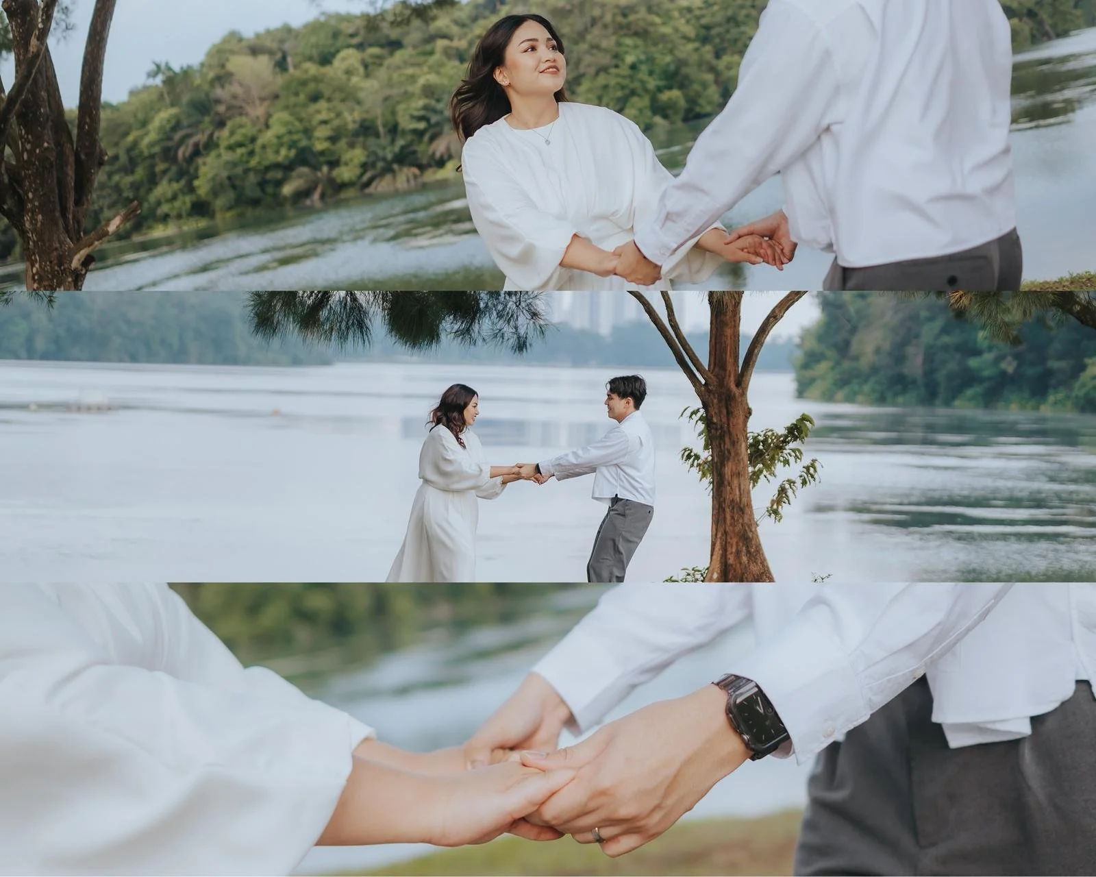 A couple holding hands by a river, exchanging vows or rings, surrounded by trees and nature.
