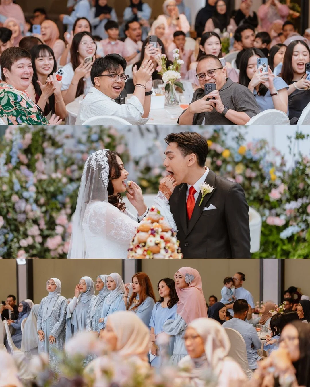 People at a wedding celebration with guests taking photos, a bride and groom feeding each other cake, and a group of women in matching dresses attending the event.