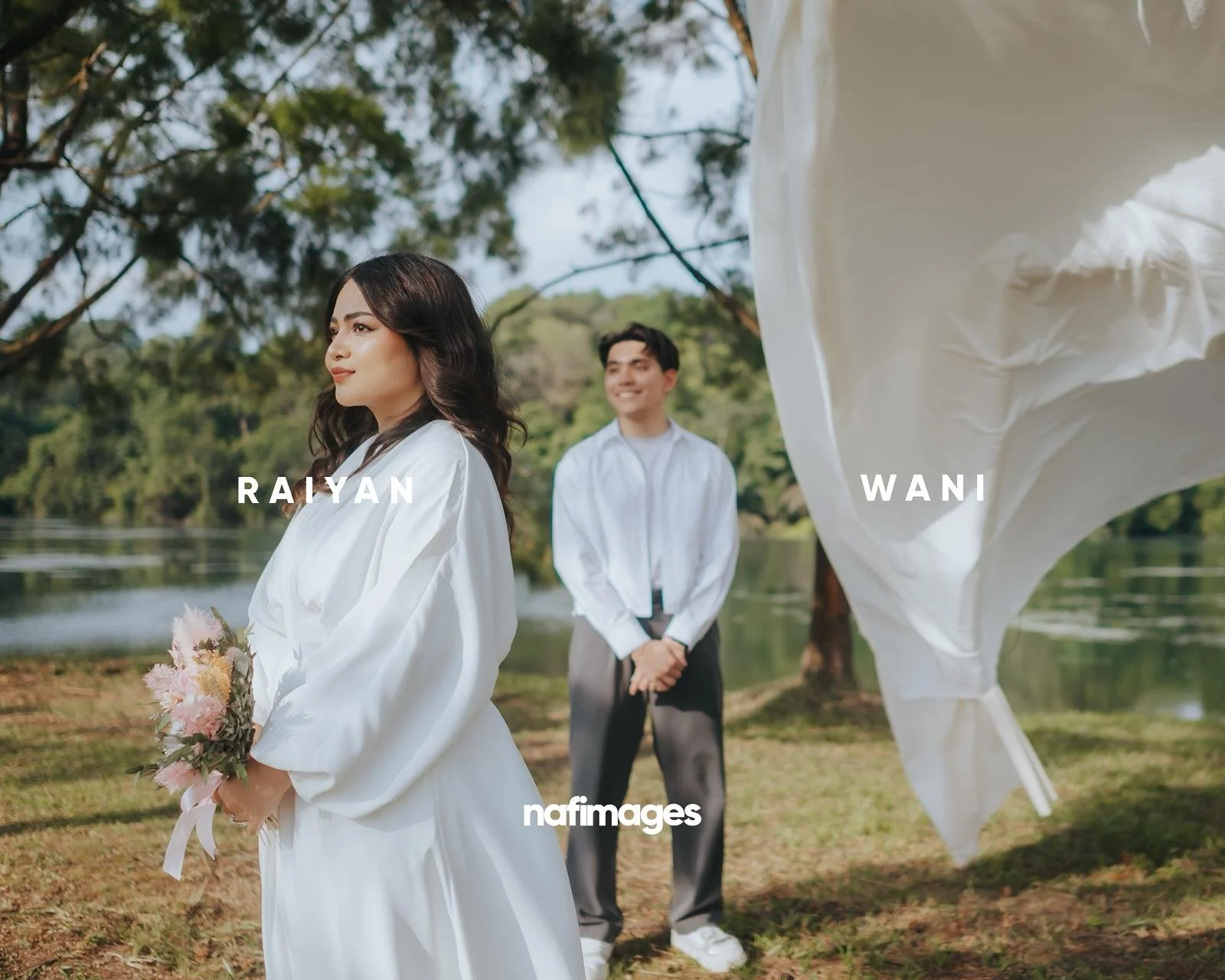 A woman in a white dress holding a bouquet of flowers stands near a man in a white shirt and gray pants outdoors next to a body of water and trees. The woman, labeled 'Raiyan,' is in the foreground looking to the side, while the man, labeled 'Wani,' 