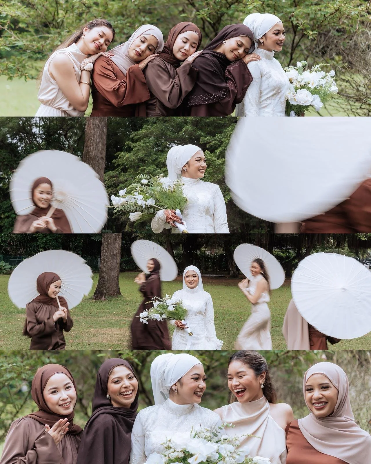 Group of women dressed in hijabs and dresses, some holding white umbrellas, celebrating outdoors with smiles and laughter.