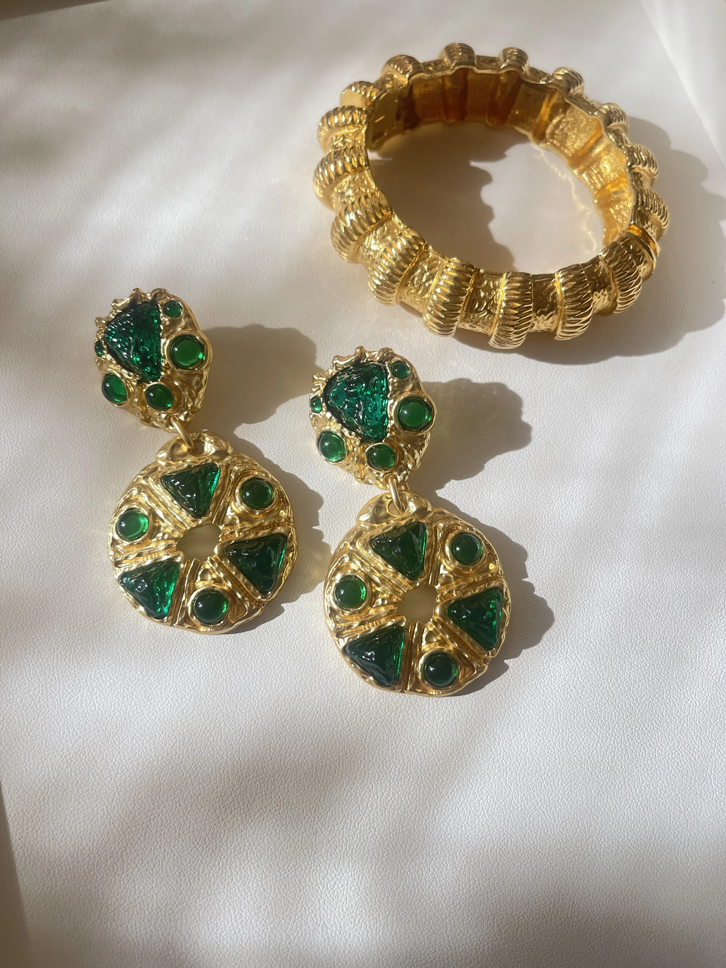Green Resin and Gold Statement Earrings