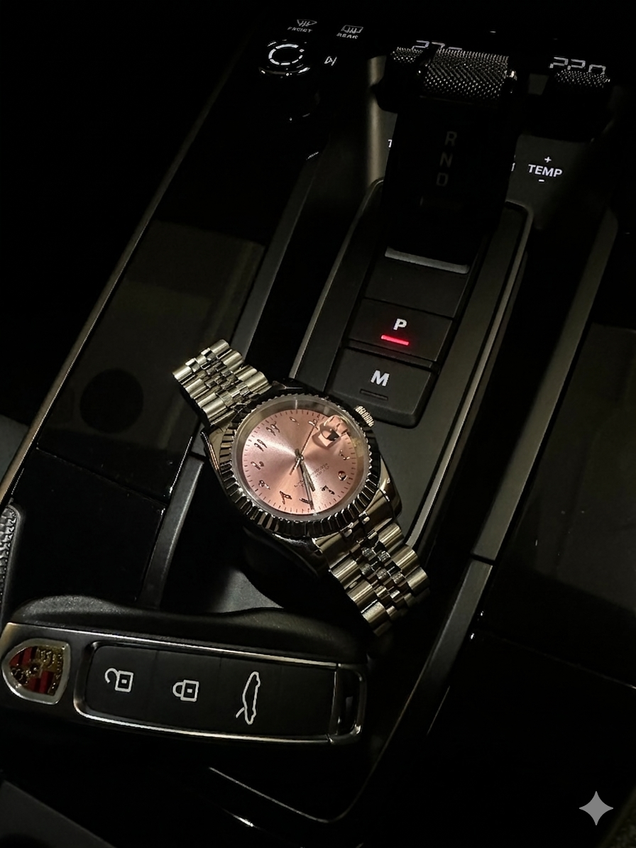 Inside a car, a luxury wristwatch with a pink face and metallic band resting on the gear shift console which has buttons labeled P, R, N, D, and M, and a key fob with Porsche logo.