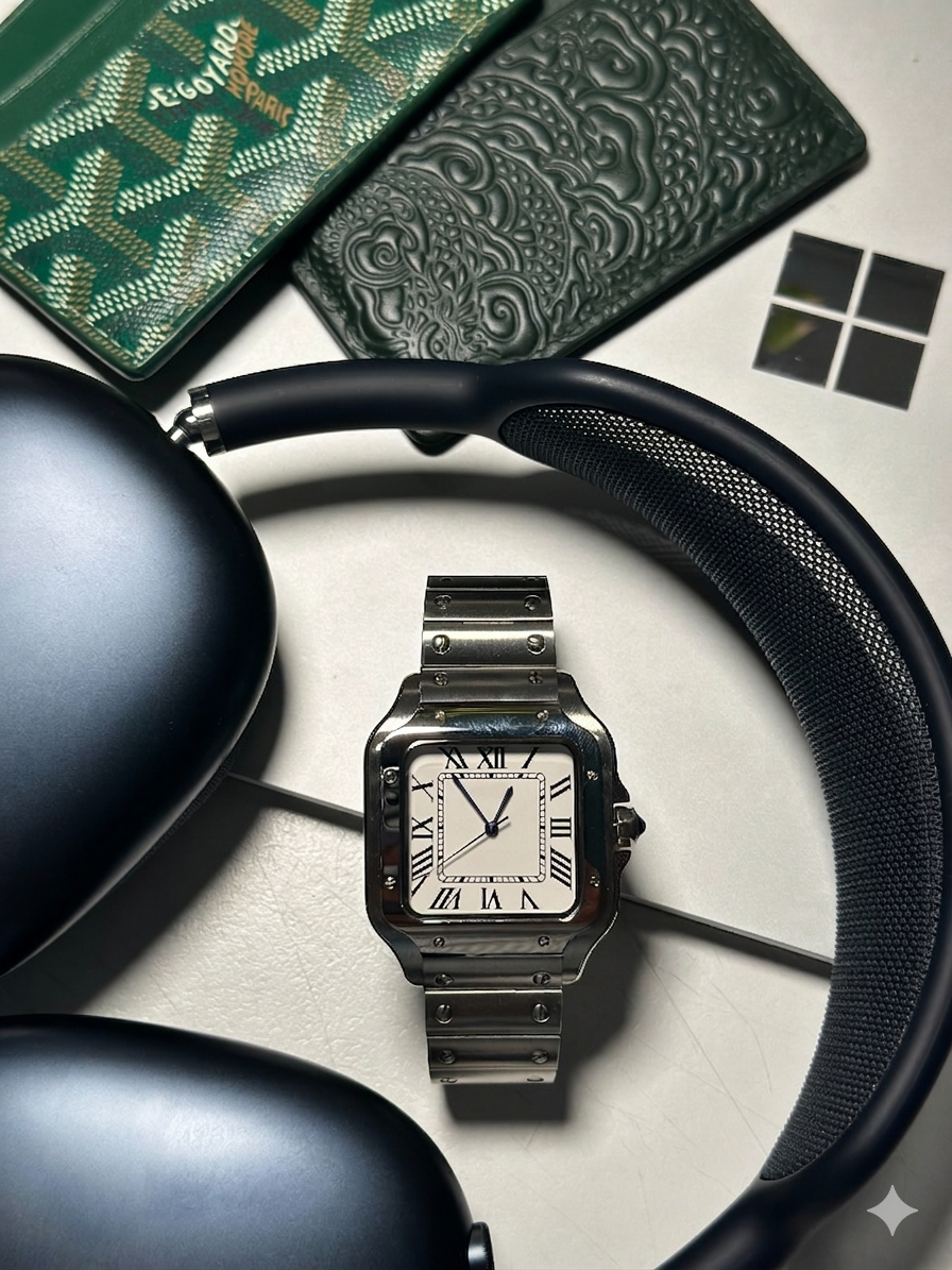 A collection of items on a white surface, including a silver smartwatch with a Roman numeral face, a pair of black over-ear headphones, a green patterned notebook with gold accents, a textured green wallet, and a small four-pane window decal.
