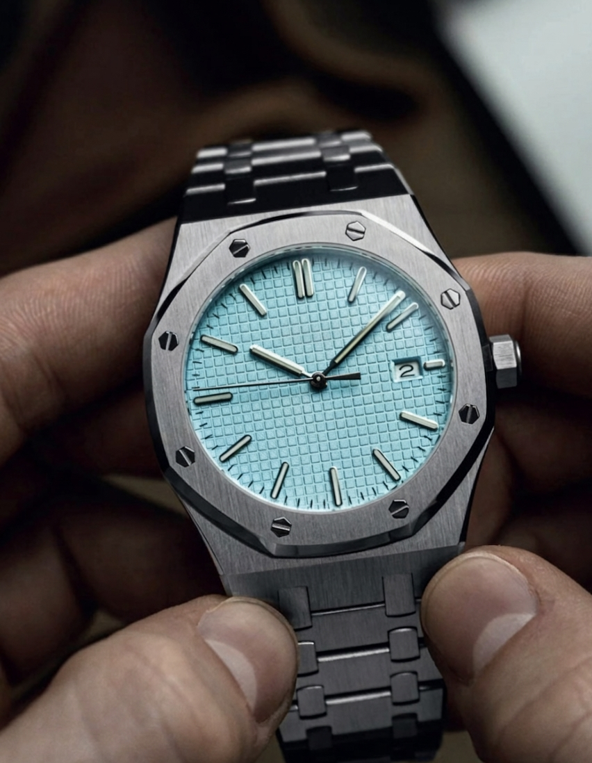 Close-up of a luxury watch with a light blue textured dial, silver case, and silver metal bracelet, showing the time and date.