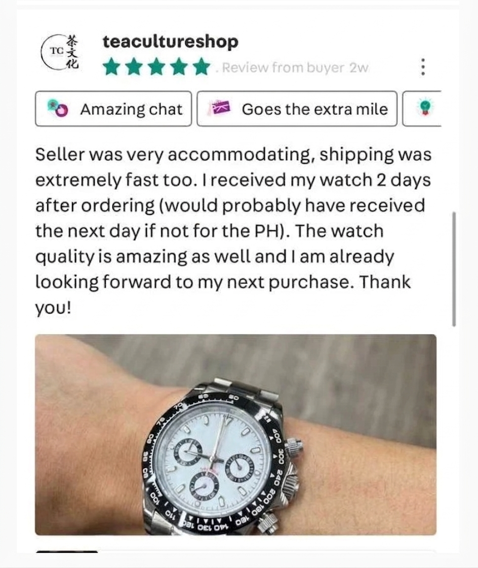 Customer review with five-star rating for teacultureshop, praising fast shipping and good watch quality, accompanied by an image of a wristwatch worn on a person's wrist.