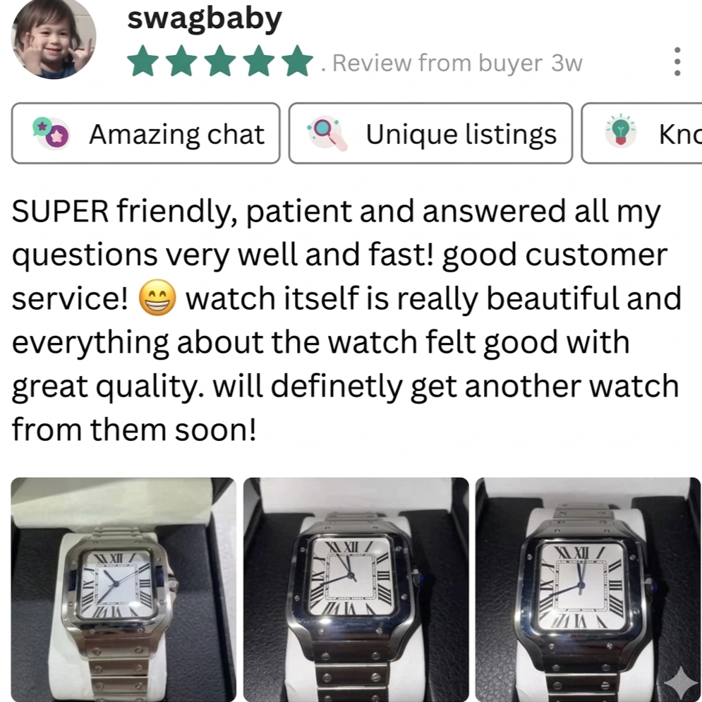 Three pictures of a silver smartwatch with a square face and Roman numeral display, shown in a review on an online shopping platform.