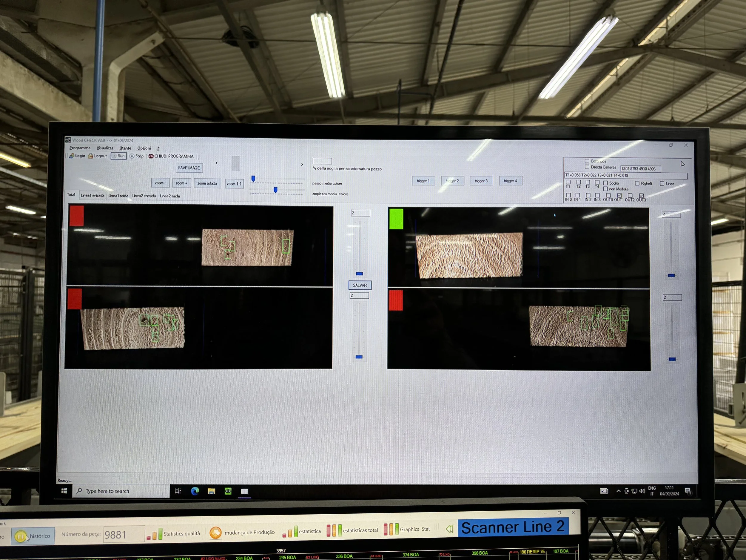 Schermo di computer che mostra un sistema di controllo visivo di pezzi di legno, con immagini di sezioni di legno e gruppi di rettangoli verdi che evidenziano aree di interesse.