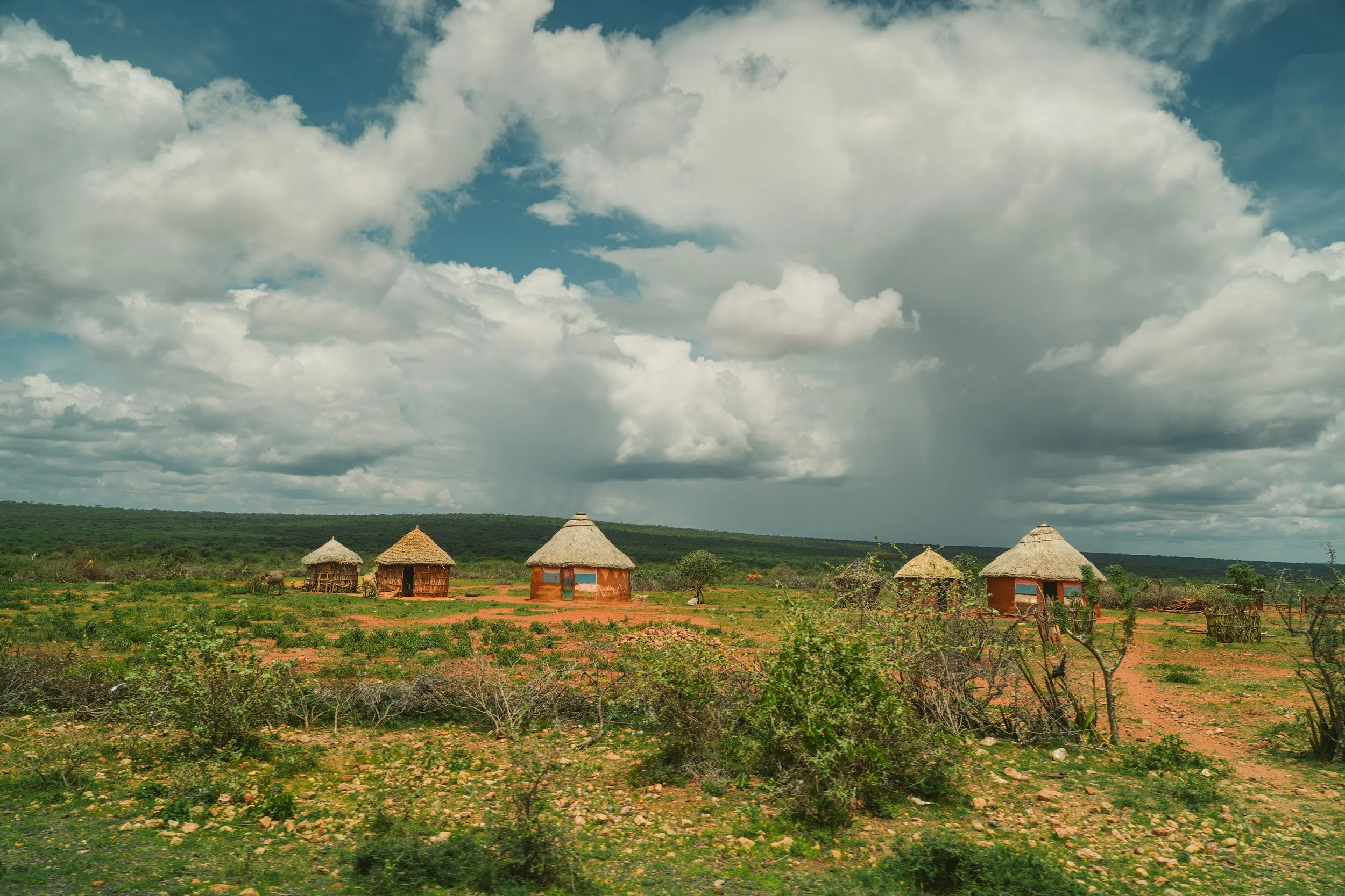 A rural African village with several mud and thatched-roof huts in a green landscape under a cloudy sky.