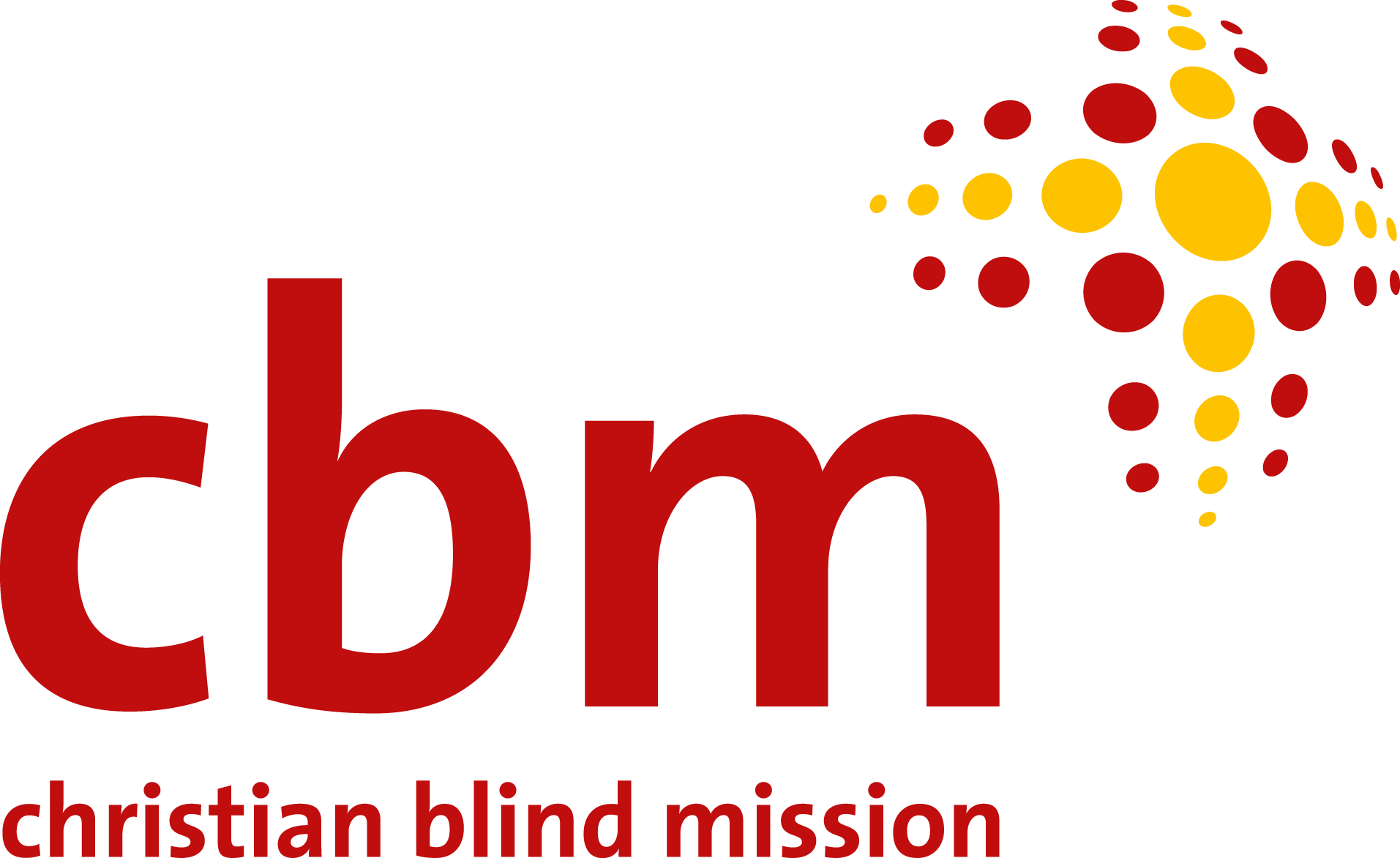 Logo for Christian Blind Mission featuring the letters 'cbm' in bold red font and a design of yellow and red circles forming a pattern to the right, with the text 'christian blind mission' below in red.