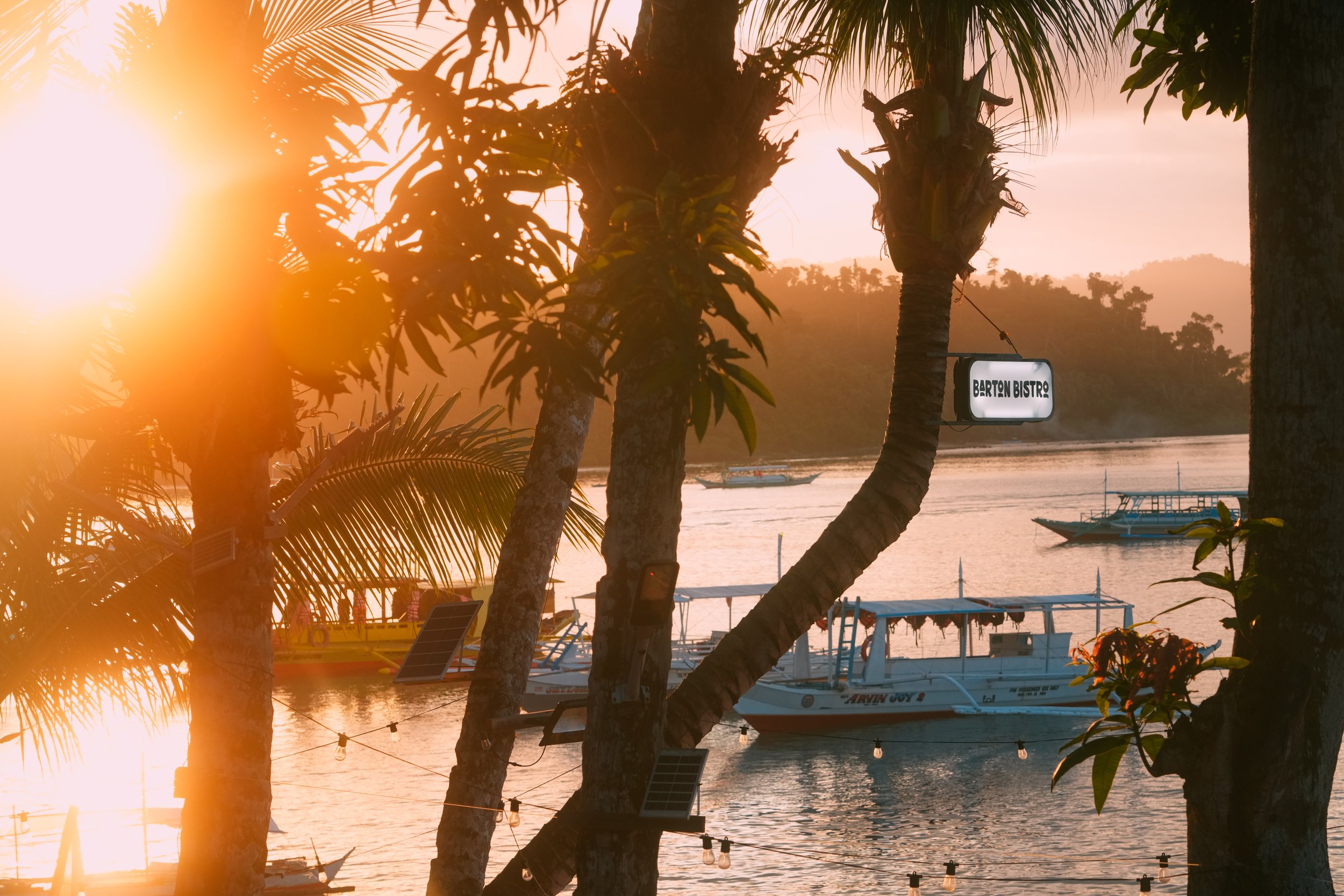 Sunset over the water with boats, framed by palm trees and hanging string lights, and a sign that reads 'Barton Bistro'.