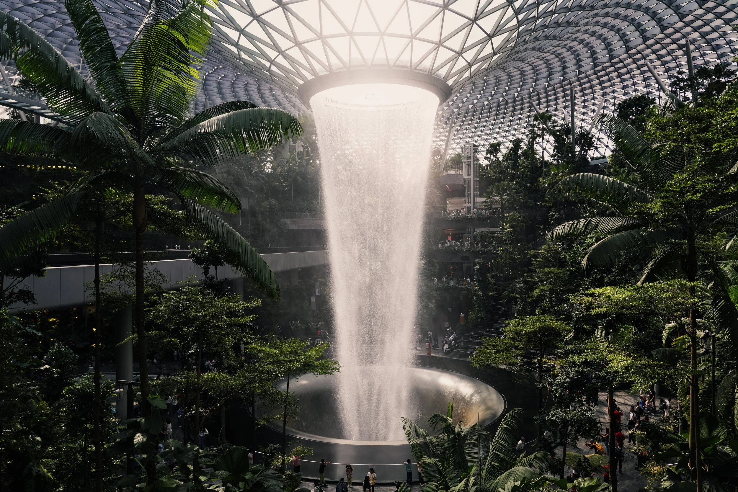Indoor botanical garden with a large waterfall feature in the center, surrounded by lush green plants and trees, and a glass dome ceiling overhead.