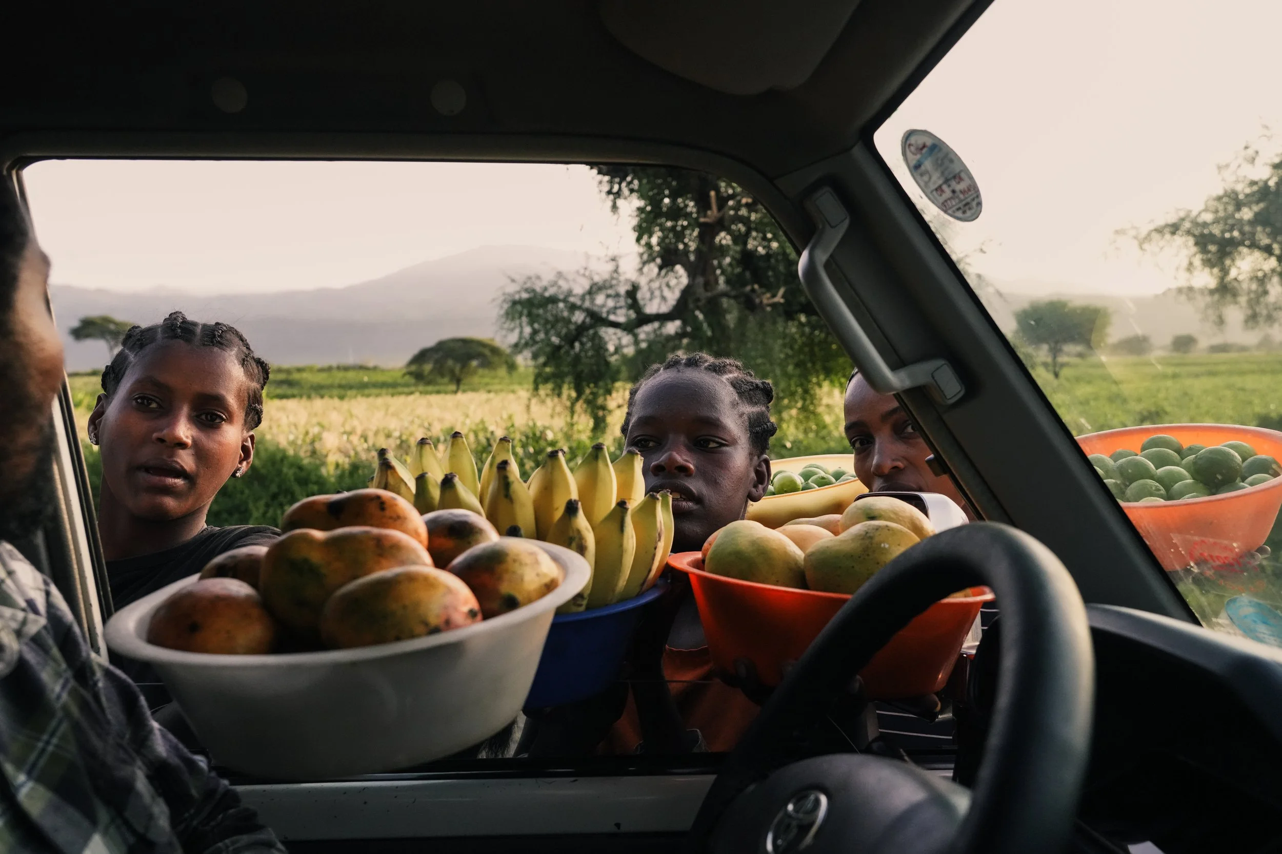 Three women and a girl selling fruit at a roadside stand, with a man inside a vehicle, in a rural landscape with green fields and mountains in the background.