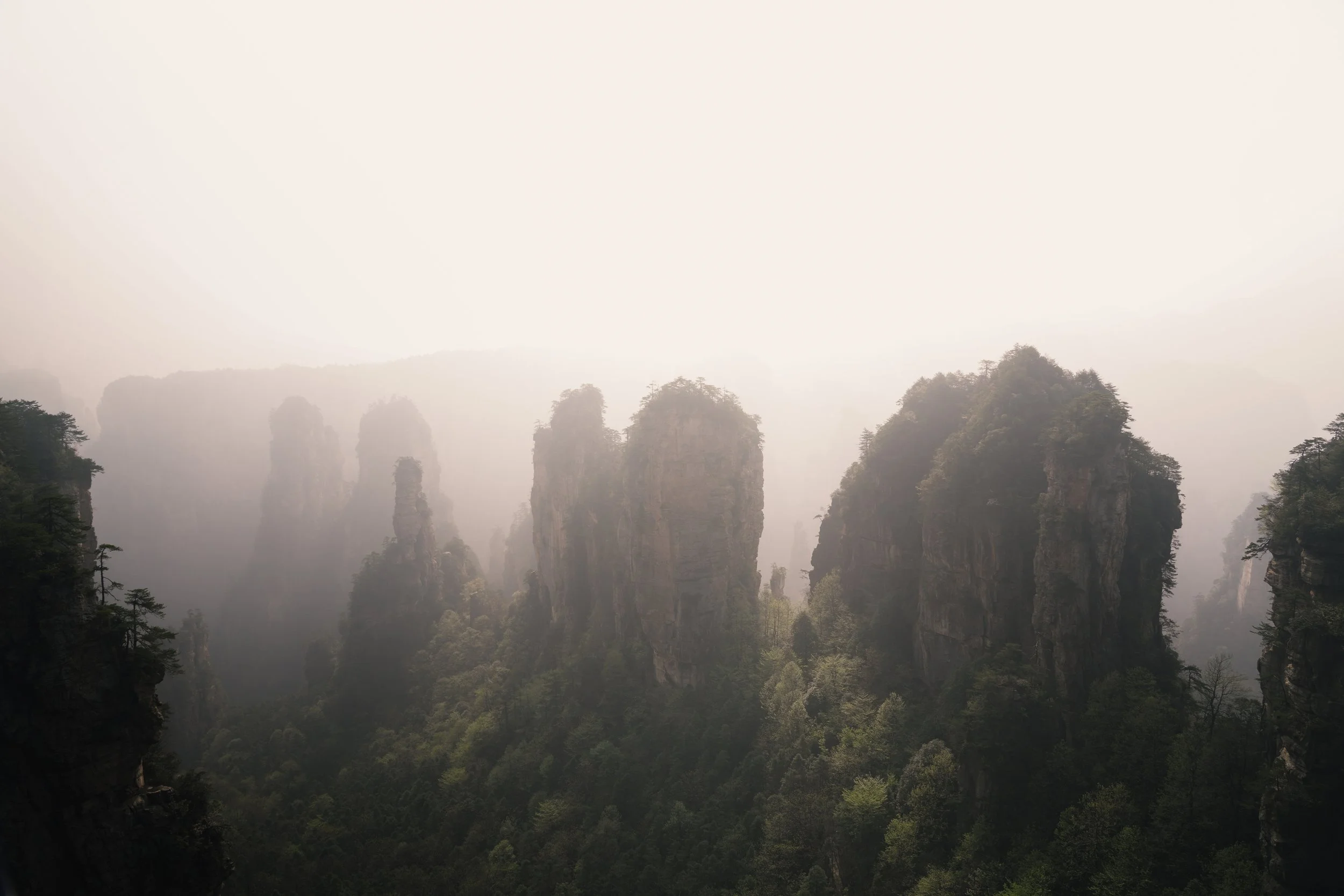 Mist-shrouded mountains and tall, jagged rock formations covered in greenery.