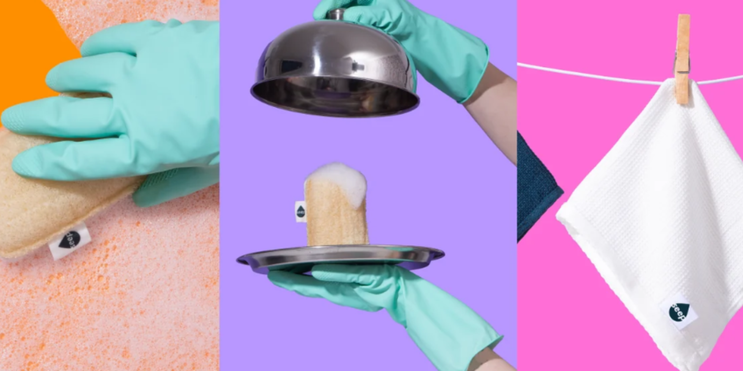 Seep Rebrand Imagery inc. Seep Sponge Scourers and All-Purpose Cloths against bright, colour pop backgrounds