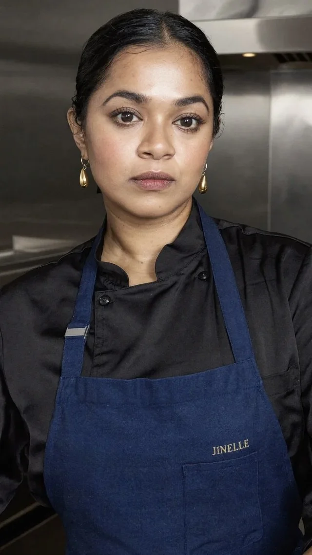 A woman with dark hair tied back, wearing gold earrings, a black chef's coat, and a blue apron with the name 'JINELLE' embroidered on it, standing in a professional kitchen.