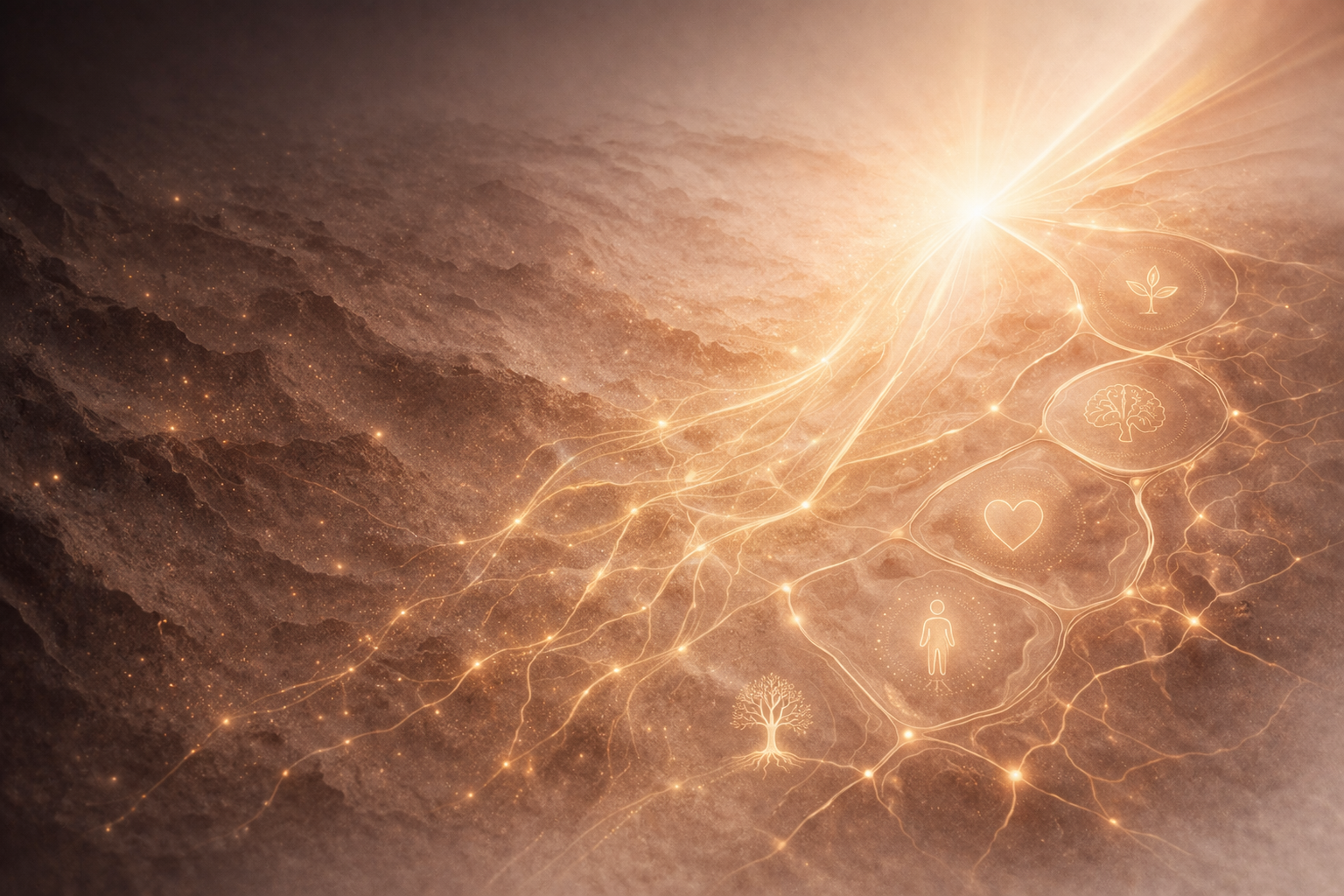 Abstract digital illustration with glowing interconnected symbols representing growth, health, heart, brain, and human figures, set against a cosmic background with warm, earthy tones.