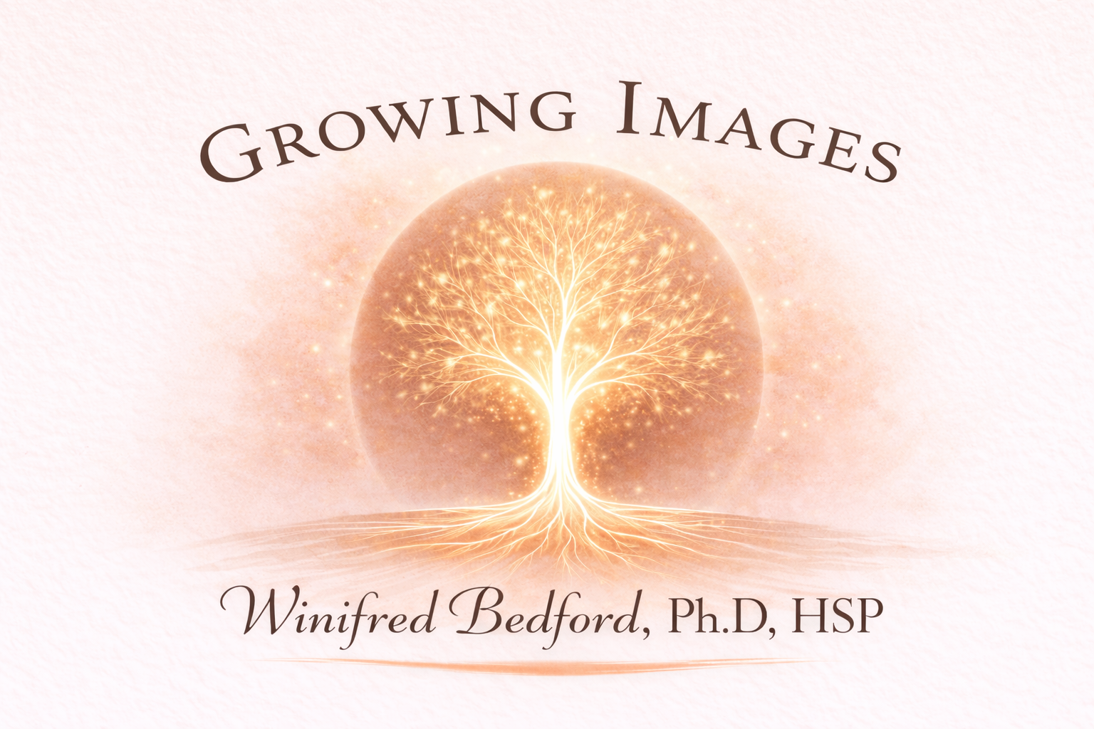 A glowing tree with intricate branches and roots inside a circle, with the title 'Growing Images' above it and 'Winifred Bedford, Ph.D., HSP' below.