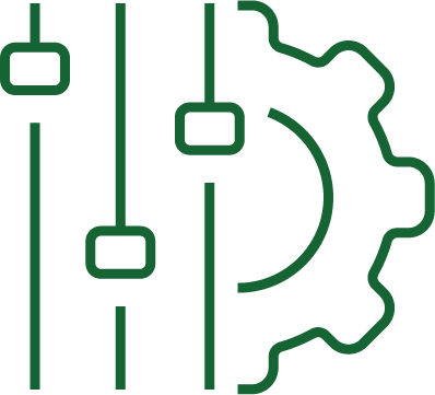 Outline icon of settings or adjustments, featuring sliders and a gear.