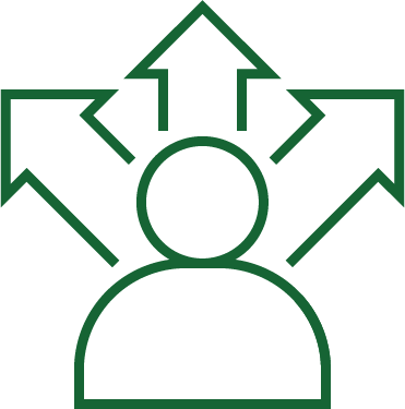 A simple line drawing of a person with arrows pointing outward in multiple directions.
