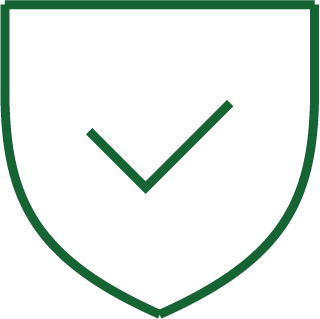Black shield with green outline and checkmark symbol in the center.
