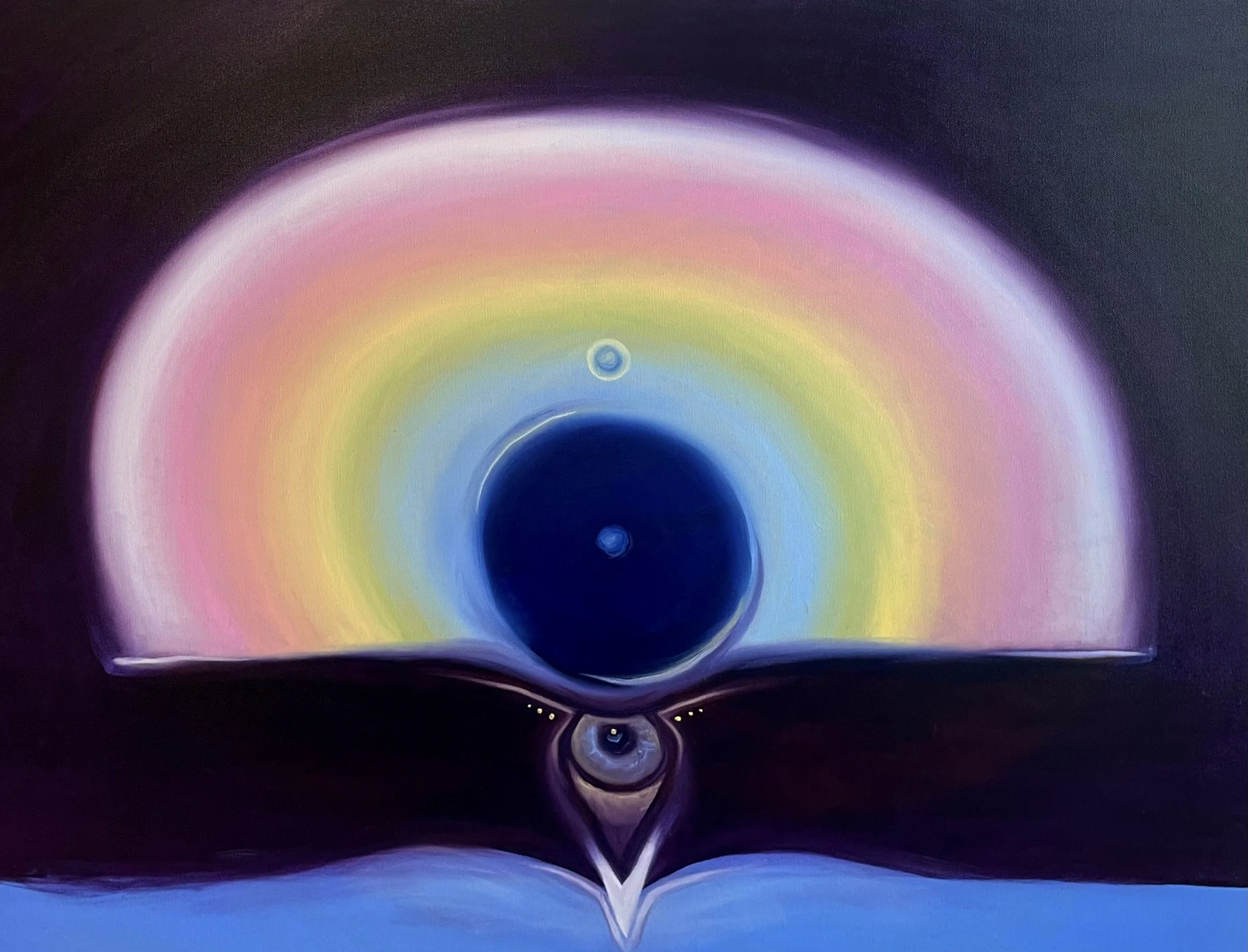 Colorful abstract artwork with concentric circles fading from pink and yellow to blue and black, with a dark central area and symmetrical metallic elements at the bottom.