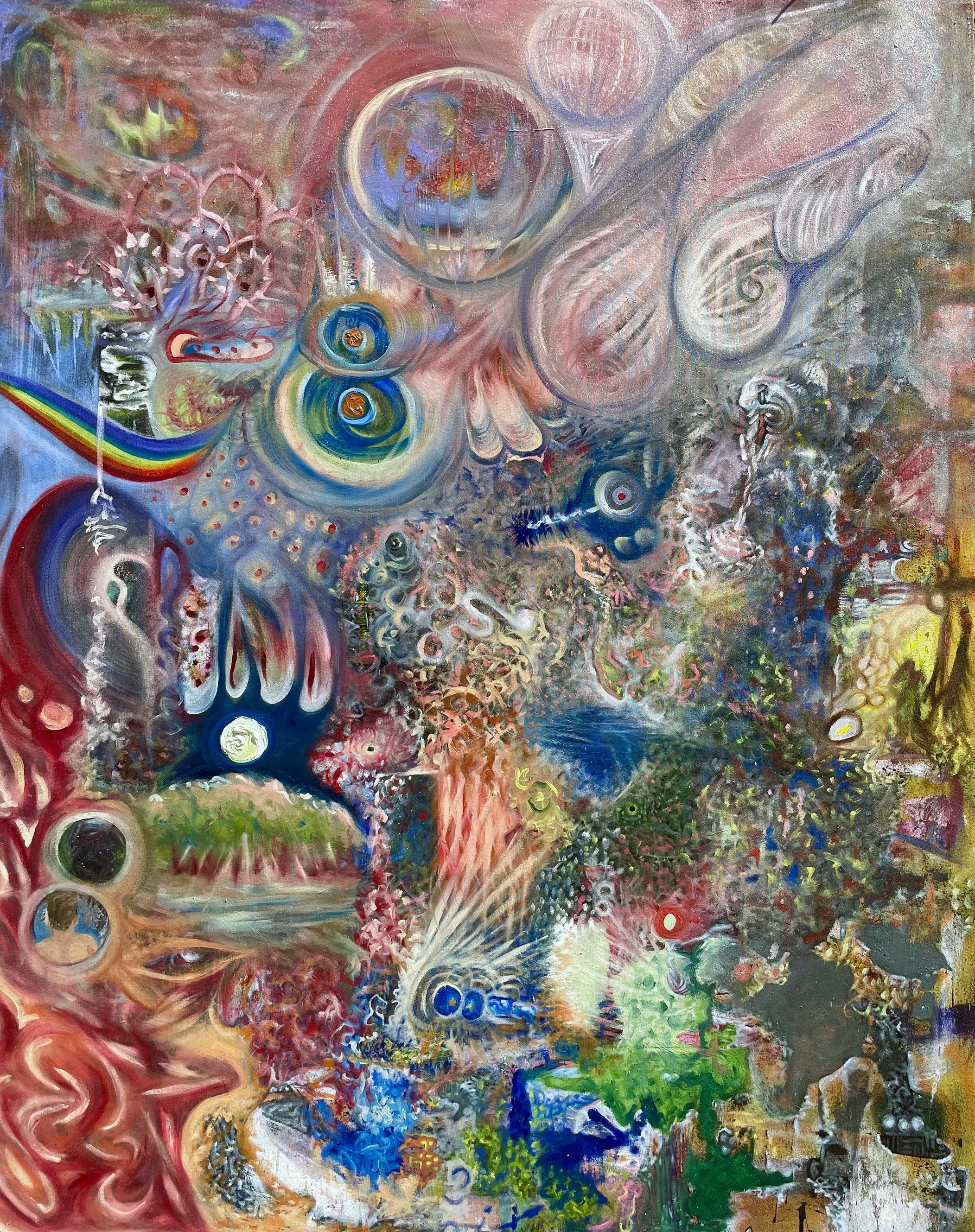 Abstract expressionist painting with swirling colors, circular shapes, and a variety of textures, predominantly in reds, blues, greens, and neutrals.