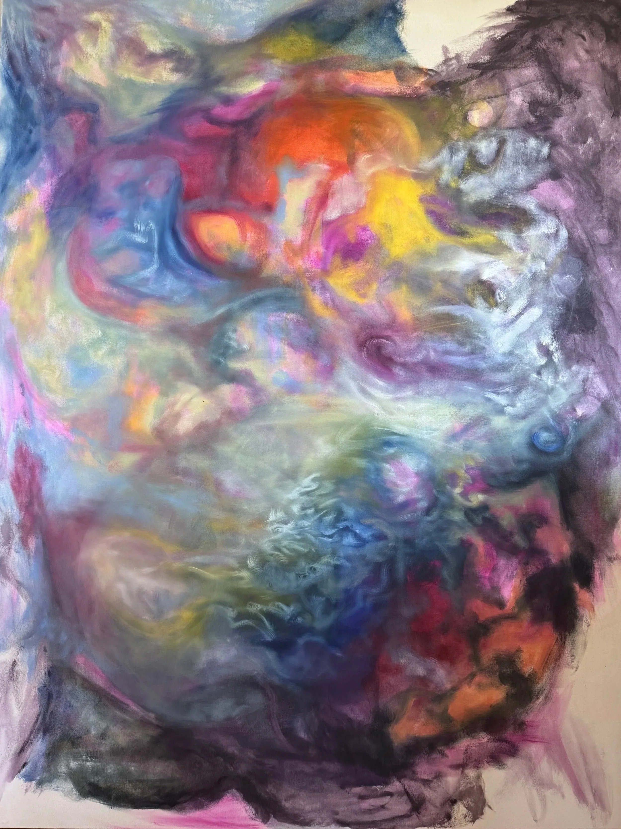 An abstract painting with vibrant swirling colors, including pink, purple, blue, yellow, orange, and black, blending together in a fluid, expressive manner.