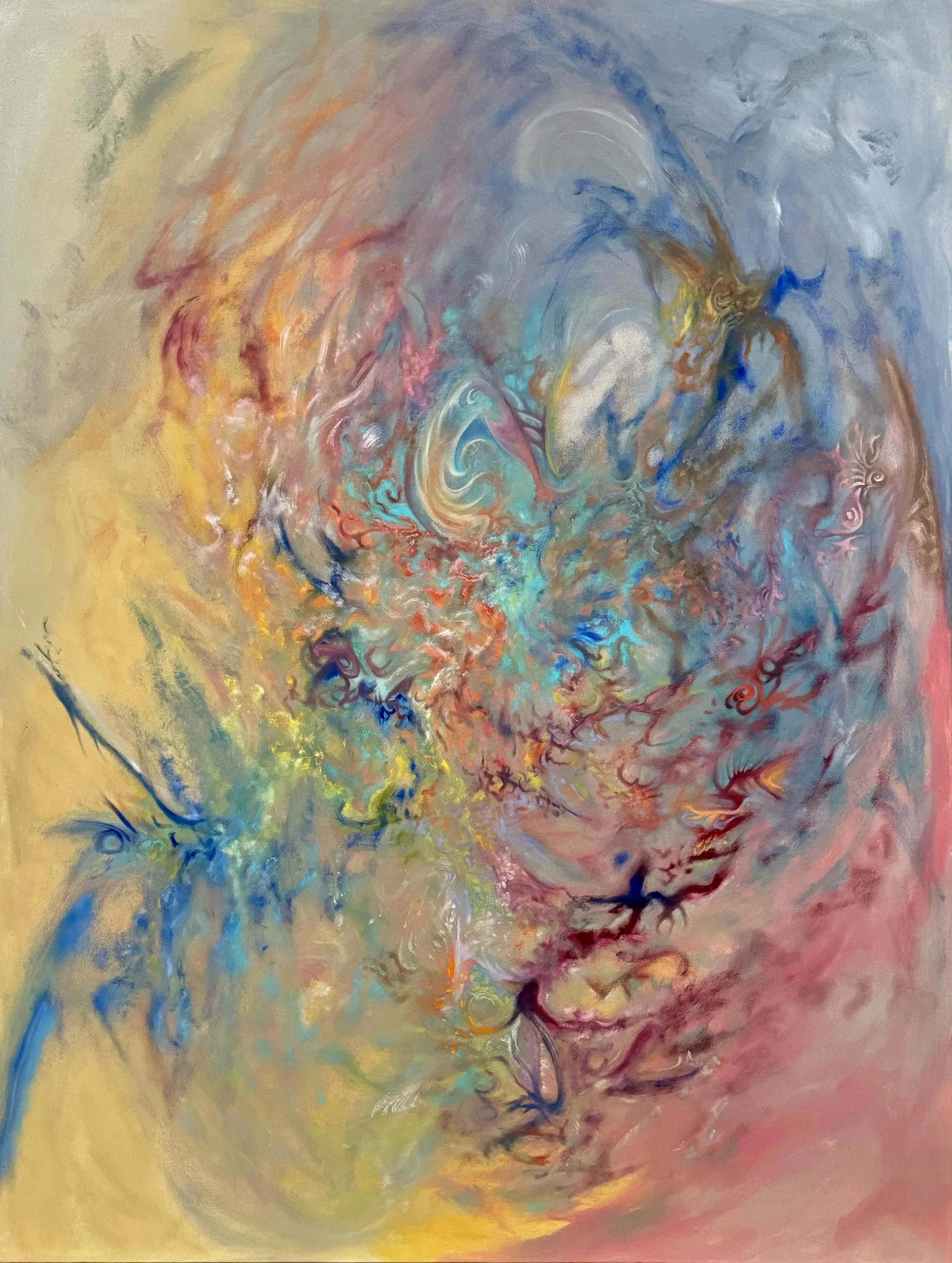 Abstract colorful painting with swirling patterns in blue, pink, yellow, and orange hues.
